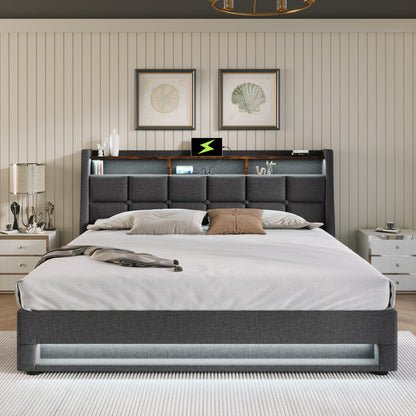 Modern Queen Size Upholstered Platform Bed with Hydraulic Storage, LED Lighting, and USB Port - Grey (Mattress Not Included)