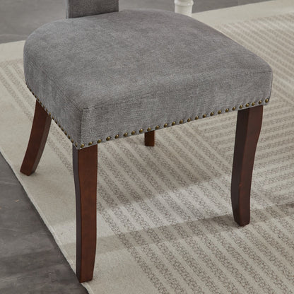 Set of 2 Mid Century Modern Dining Chairs, Linen Upholstery, Copper Nailhead Trim Solid Wood Frame Gray