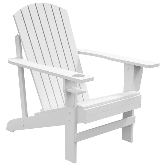 Wooden Adirondack Chair For Patio And Garden With Cup Holder Weather Resistant Lounge For Deck Backyard Fire Pit White