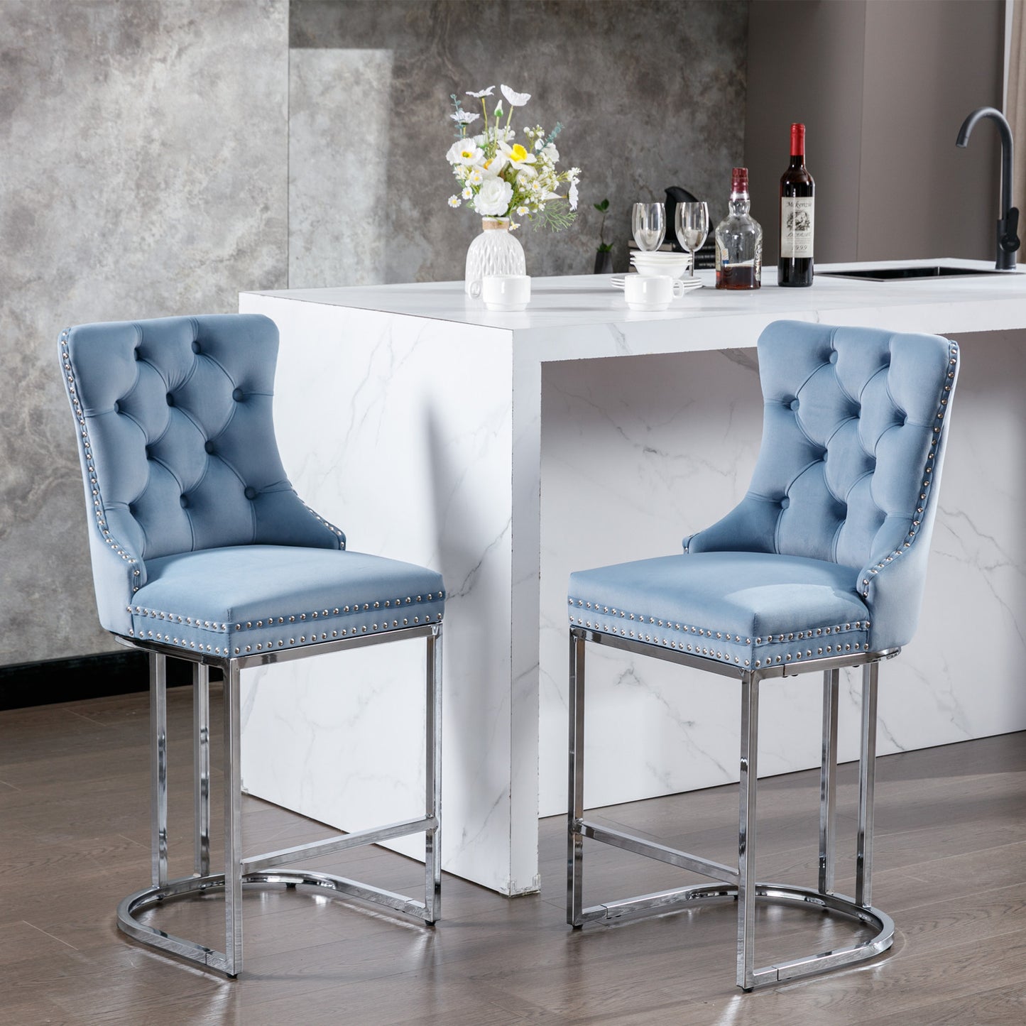 26 Inch Counter Height Bar Stools Set 2 Light Blue Velvet