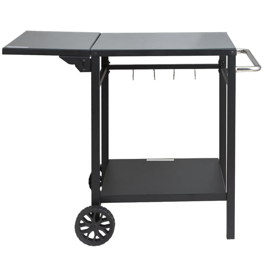 Outdoor Grill Cart With Shelves Movable BBQ Table Foldable Iron Top Portable Work Table For Pizza Oven On Wheels Natural