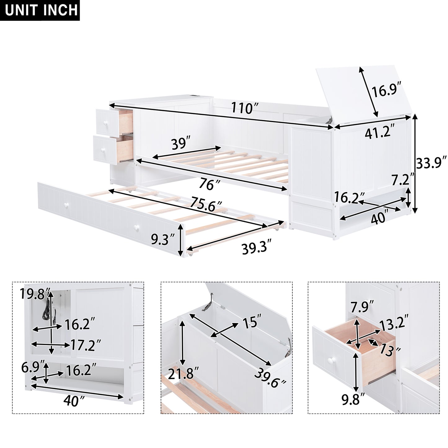 Elegant Twin Size Daybed with Storage and USB Charging, White