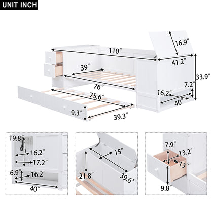 Elegant Twin Size Daybed with Storage and USB Charging, White