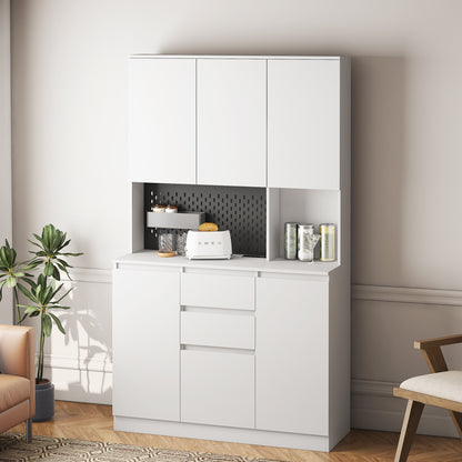 Modern 74" White Kitchen Pantry Cabinet with Charging Station and Microwave Stand - Versatile Buffet Sideboard with Storage Drawers for Dining Room and Living Room