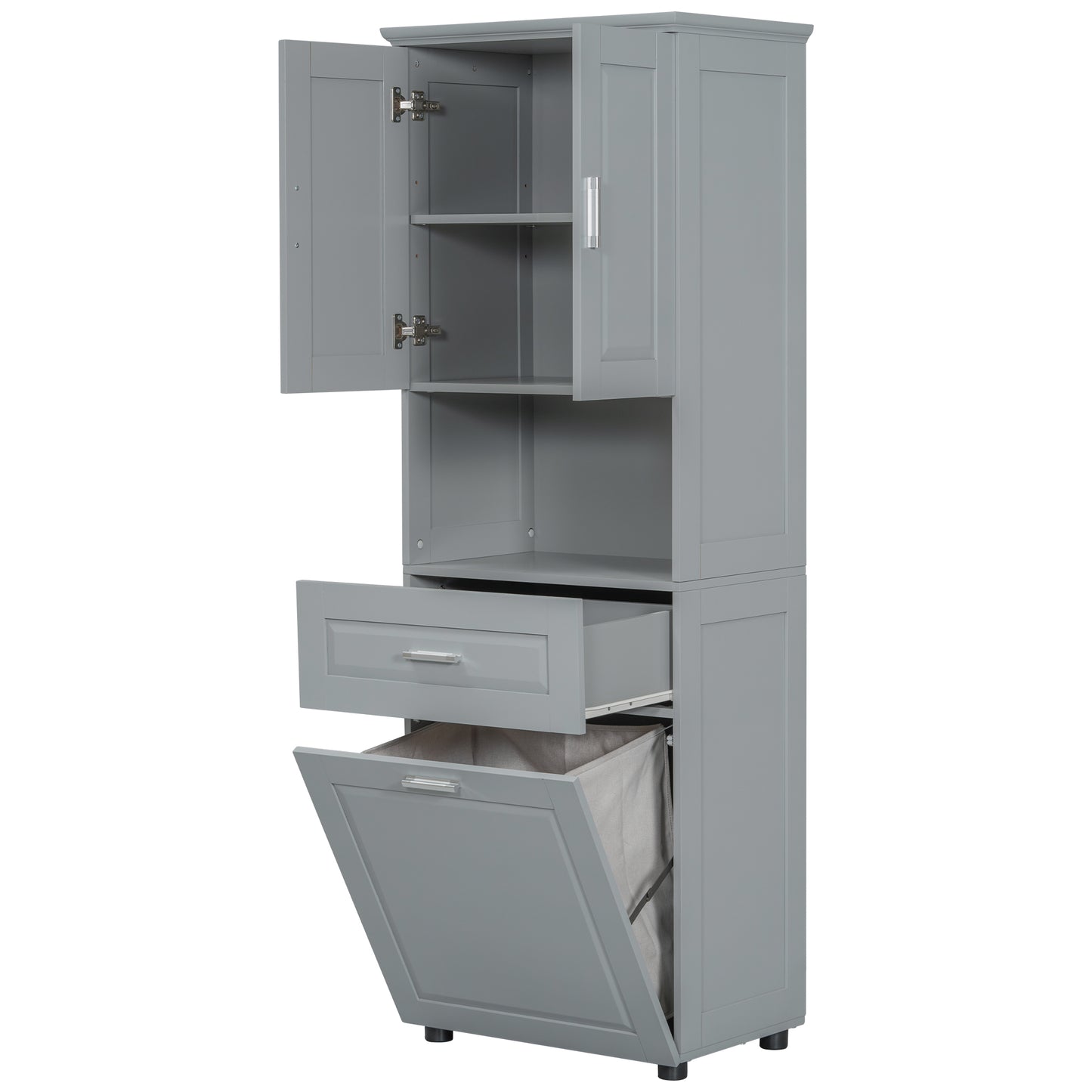 Tall Grey Storage Cabinet with Removable Laundry Hamper, Multi-Functional Upper Shelves and Cabinet Doors