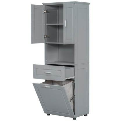 Tall Grey Storage Cabinet with Removable Laundry Hamper, Multi-Functional Upper Shelves and Cabinet Doors