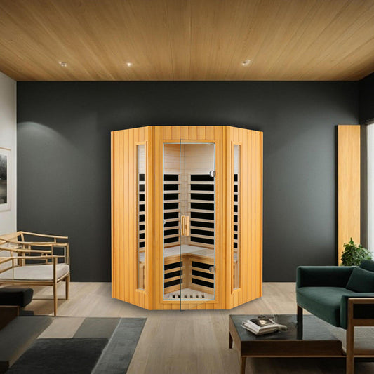 Two-Person Hemlock Indoor Far Infrared Sauna Room with Bluetooth LCD LED Lights 47x47x73 in Natural Wood