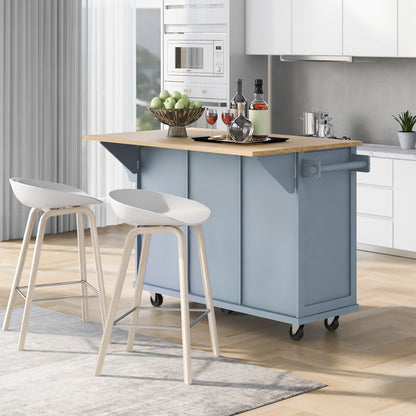 Multi-Functional Kitchen Island Cart with Rubber Wood Drop-Leaf Top, Storage Drawers, and Adjustable Shelving in Grey Blue