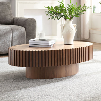Ellipse Drum Coffee Table, 43.7-Inch Long, MDF Wood Pedestal Base, Modern Living Room Oval Table, Walnut