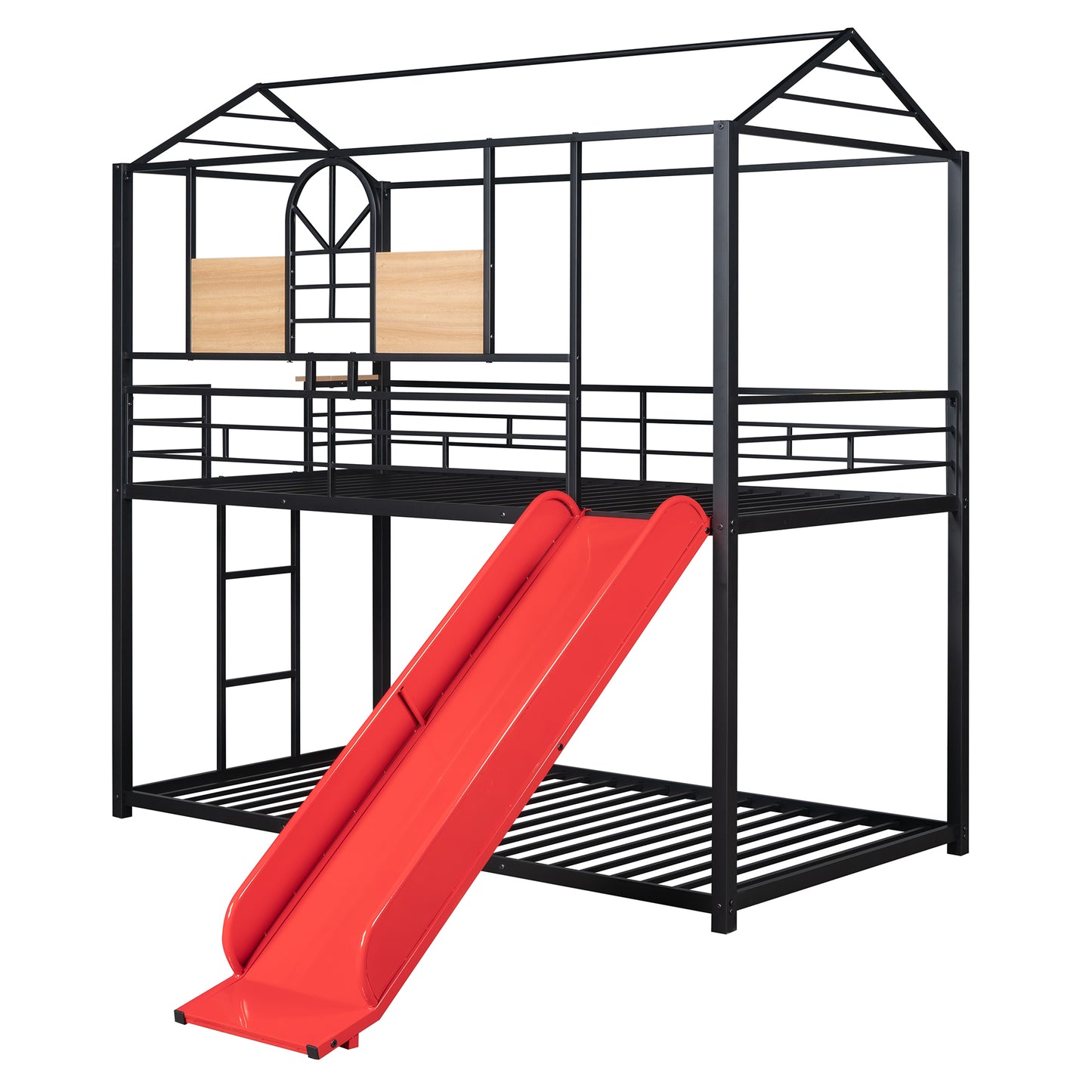 Twin Over Twin Metal Bunk Bed with Fun Slide – Available in Three Chic Colors (Black/Red, Black/Black, White/White)