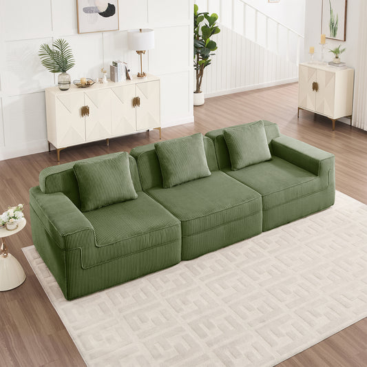 Modular 3-Seat Boneless Cloud Sectional Sofa with Deep Cushions, Corduroy Fabric, Pillows, Green