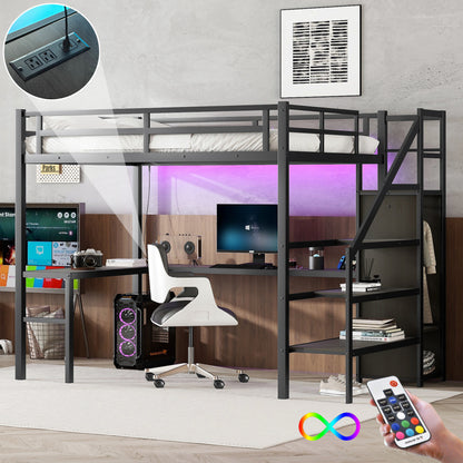 Full XL Metal Loft Bed with L-Shaped Desk, Wardrobe, USB Charging, and LED Lighting for Teens and Adults - Black