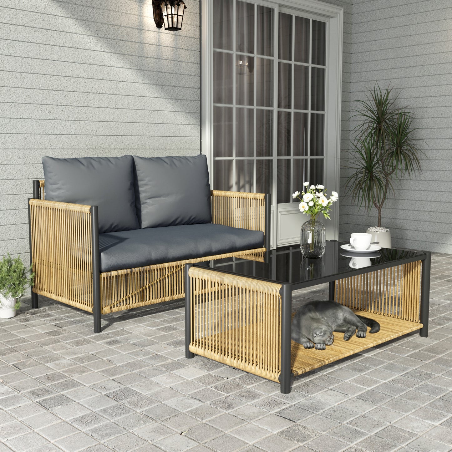 Modern Outdoor Patio Set With 2 Seat Sofa And Table Steel Frame PE Wicker Foam Cushions Garden And Outdoor Use Brown