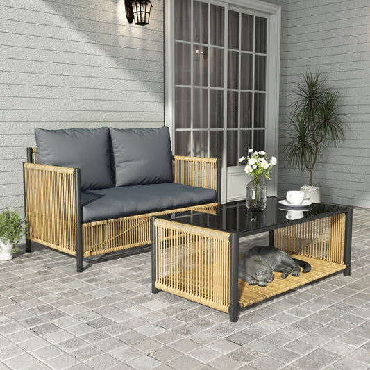 Modern Outdoor Patio Set With 2 Seat Sofa And Table Steel Frame PE Wicker Foam Cushions Garden And Outdoor Use Brown
