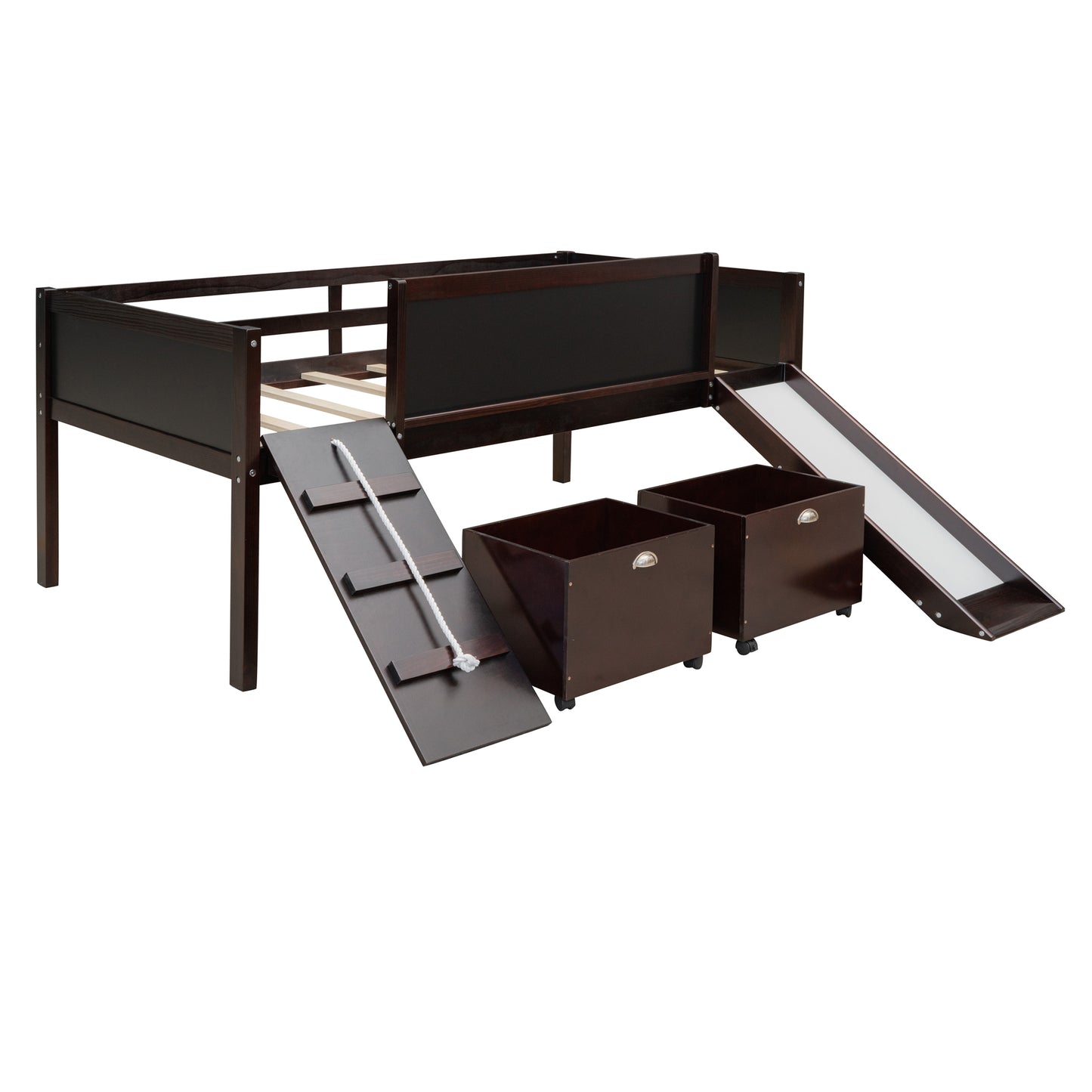 Espresso Twin Loft Bed with Slide and Storage Bins