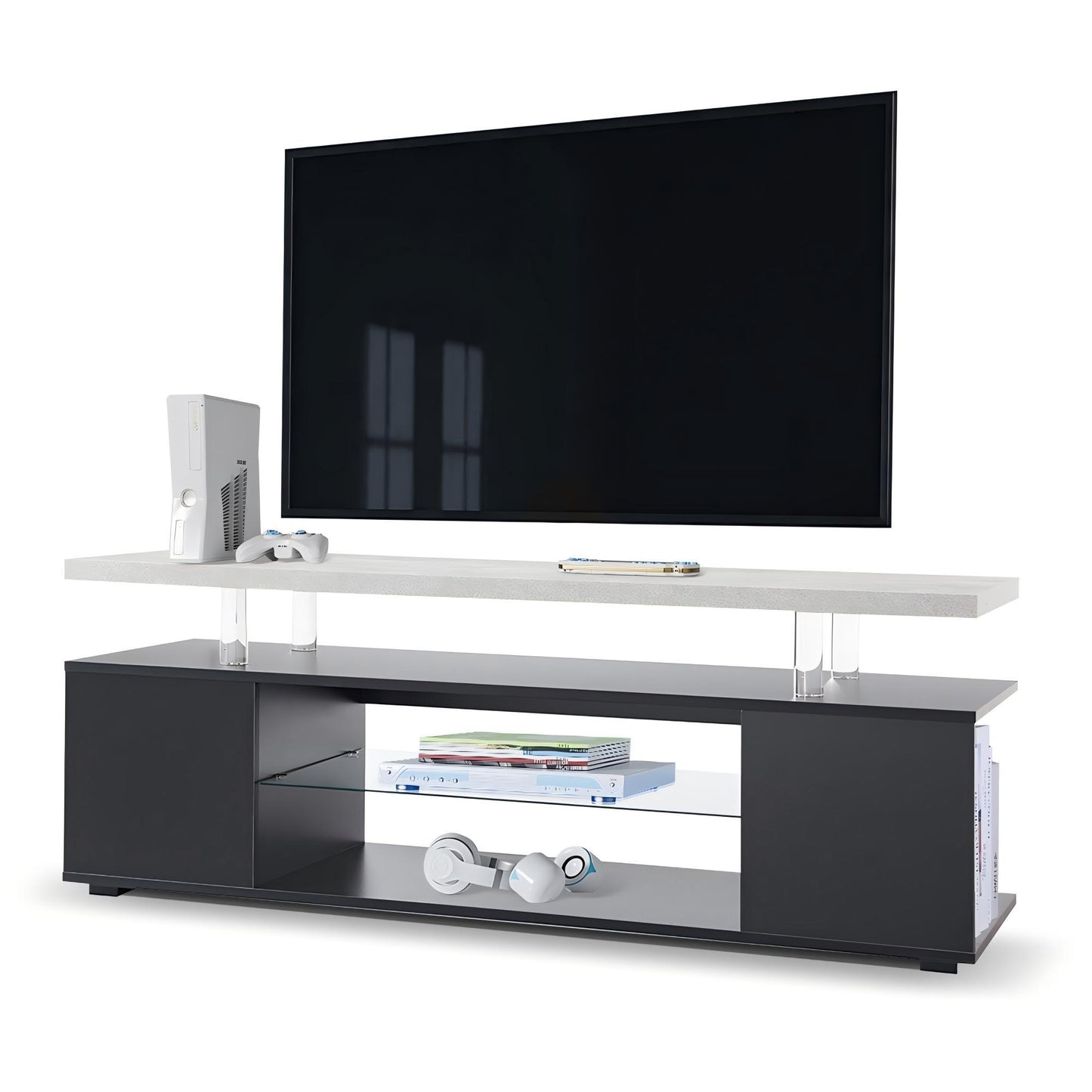 60-Inch TV Stand, Entertainment Center with Side Cabinets, Concealed Storage, Easy Assembly, Black Gray
