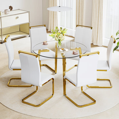 Modern minimalist style circular transparent tempered glass table, tempered glass tabletop, golden metal legs, suitable for kitchen, dining room, and living room, 42 "* 42" * 29.5 "1123r
