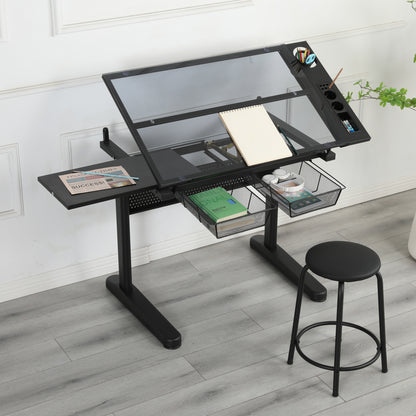 Adjustable Hand Crank Drafting Table with Stool and Metal Drawers (Black)