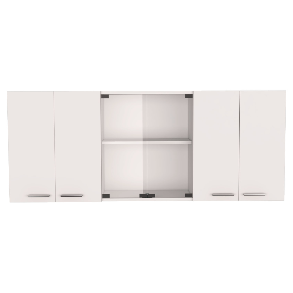 White Wall Cabinet with Four Doors, Two Glass Doors, and Internal Shelves, 24" H