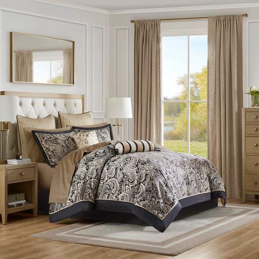 12-Piece Comforter Set with 100% Cotton Sheets, King, Jacquard Paisley, Includes Shams, Bed Skirt, Black