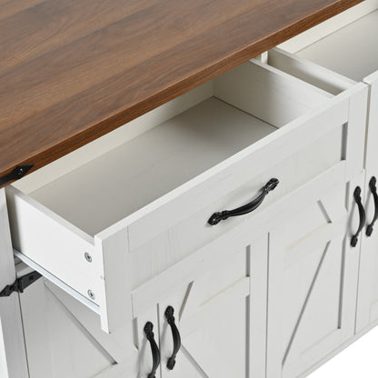 Farmhouse Rolling Kitchen Island with Power Outlet, Drop Leaf, Spice Rack, and Storage Drawers - 53.5'' White Cart for Kitchen and Dining Room