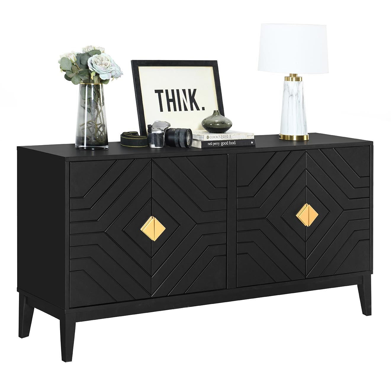 4-Door Sideboard Storage Cabinet for Living Room and Dining Room, Two Large Cabinets with Gold Handles and Adjustable Shelf, Black