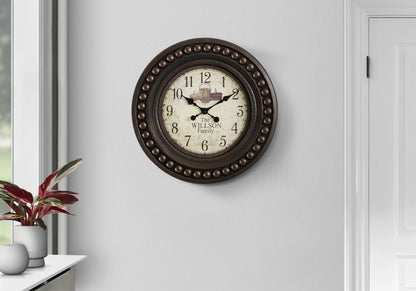 20-Inch Round Wall Clock, Quartz Movement, Glass Face, Metal-Plastic Frame, Indoor Use, Antique Brown
