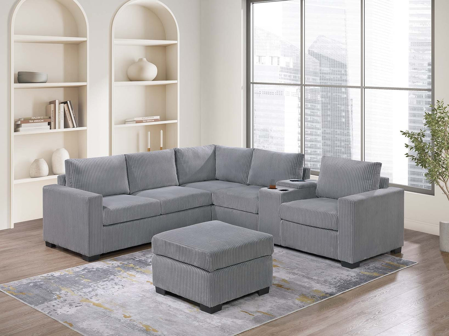 4-Piece L-Shaped Corduroy Sectional Sofa Set with Console, Ottoman & USB Cup Holders, 5 Seats Light Gray