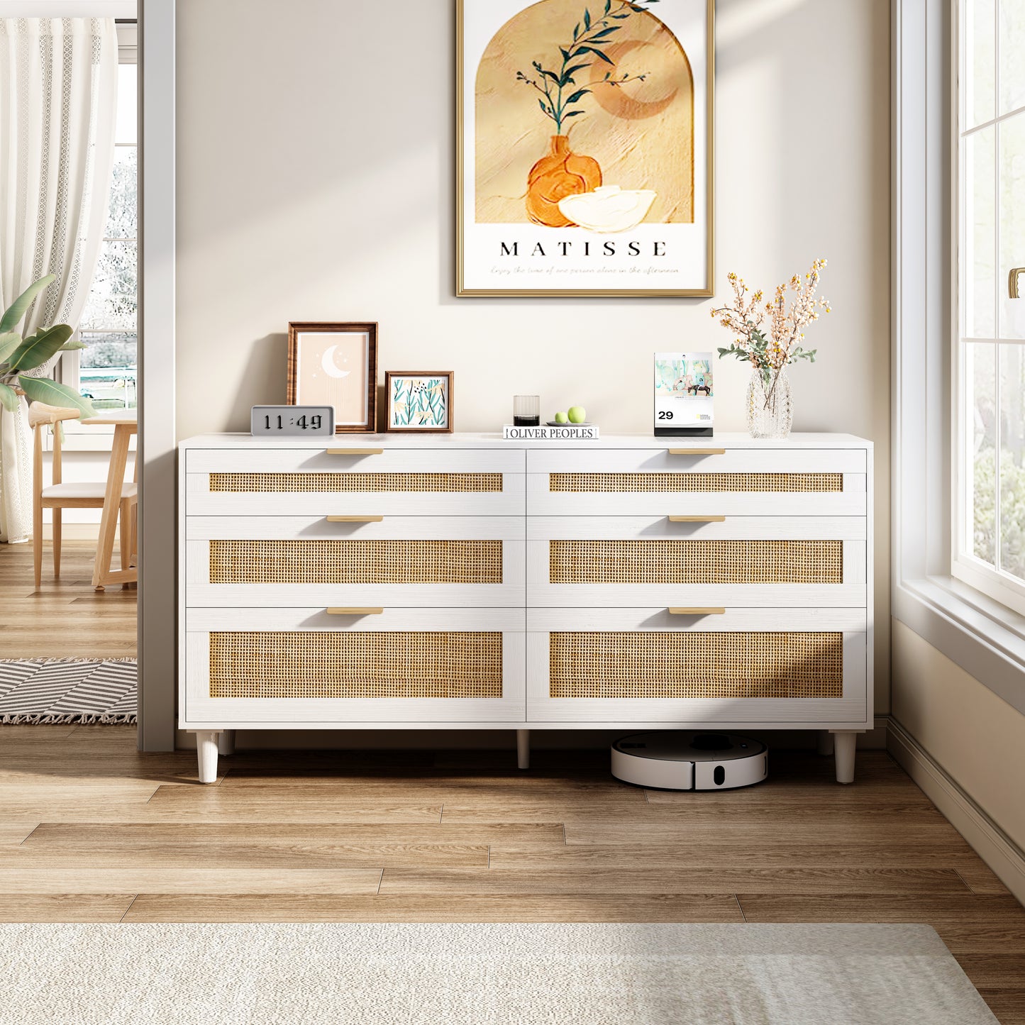Elegant 59" White Rattan Dresser with 6 Drawers for Stylish Storage Solutions