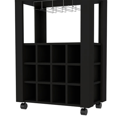 Modern Black Wengue Bar Cart With Twelve Wine Cubbies