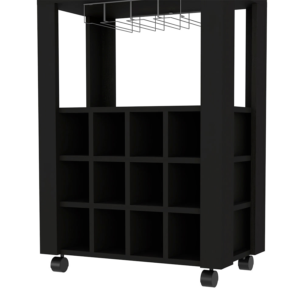 Modern Black Wengue Bar Cart With Twelve Wine Cubbies