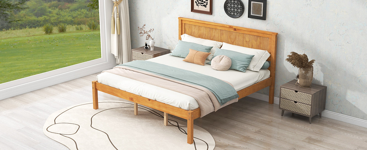 Elegant Oak Platform Bed Frame with Headboard - No Box Spring Required, Queen Size