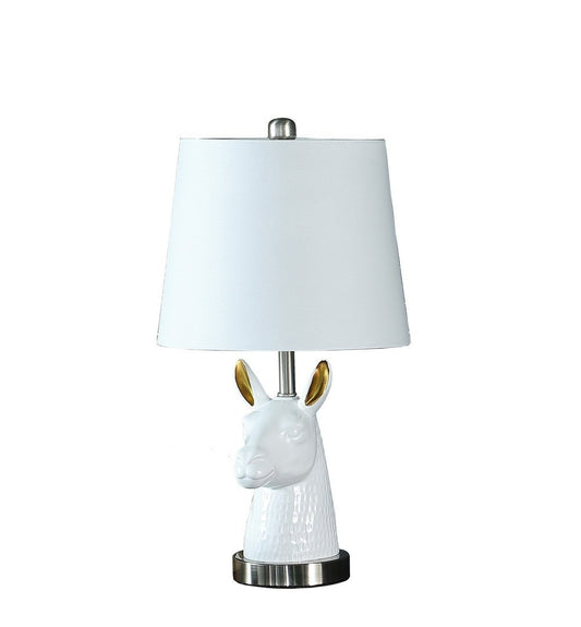 Table Lamp with Llama Bust, 20.5-Inch Tall, Polyresin Bust, Cotton/Linen Shade, Metal Base, White