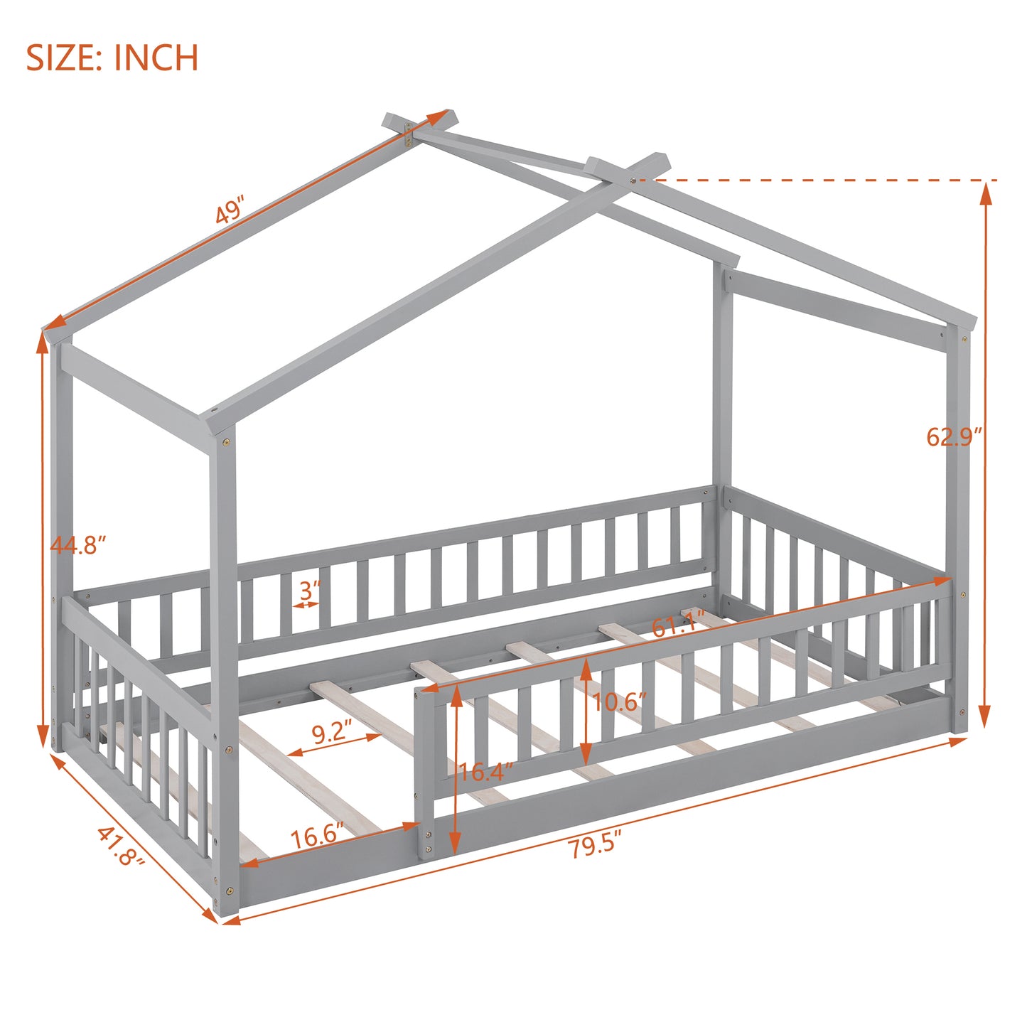 Whimsical Twin Wooden House Bed Frame with Fenced Design for Kids and Teens - Gray