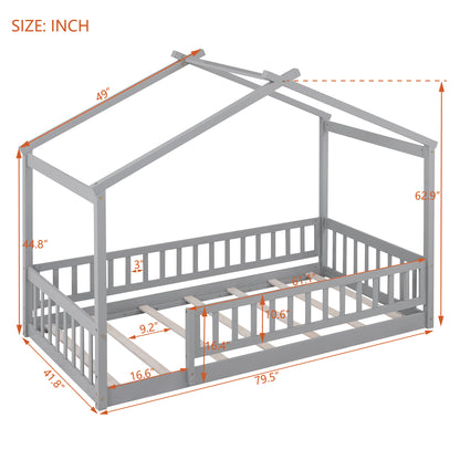Whimsical Twin Wooden House Bed Frame with Fenced Design for Kids and Teens - Gray