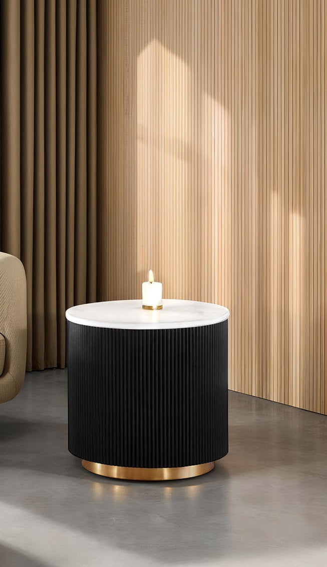Round Marble Top End Table with Reeded Plinth Base, Gold Accents for Living Room Black White Gold Finish