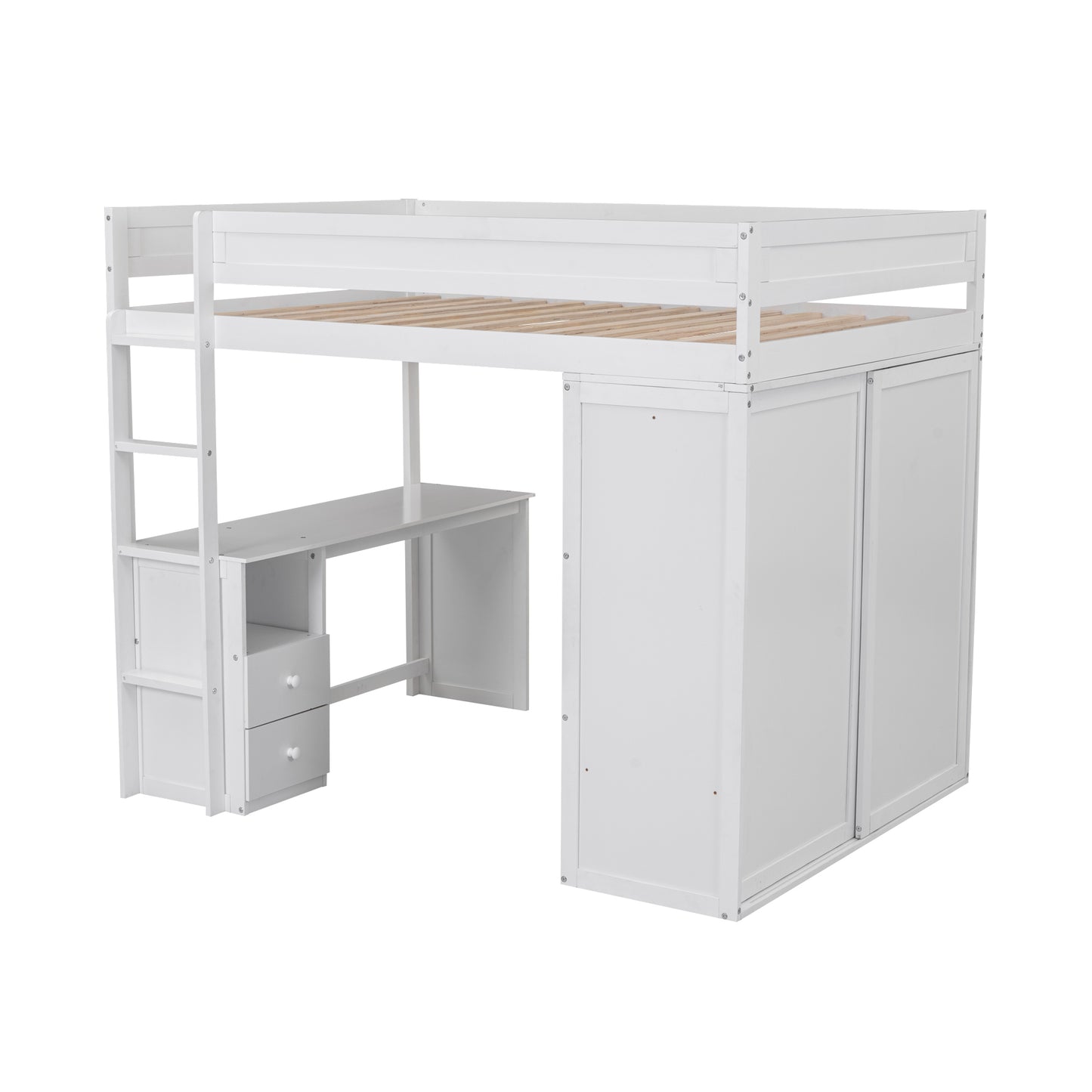 Space-Saving White Wood Loft Bed with Integrated Wardrobes and 2-Drawer Desk