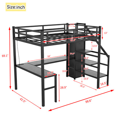 Twin XL Metal Loft Bed with L-shaped Desk, USB Charging Station, Wardrobe, and LED Lights - Stylish Space-Saving Solution for Teens and Adults in Black