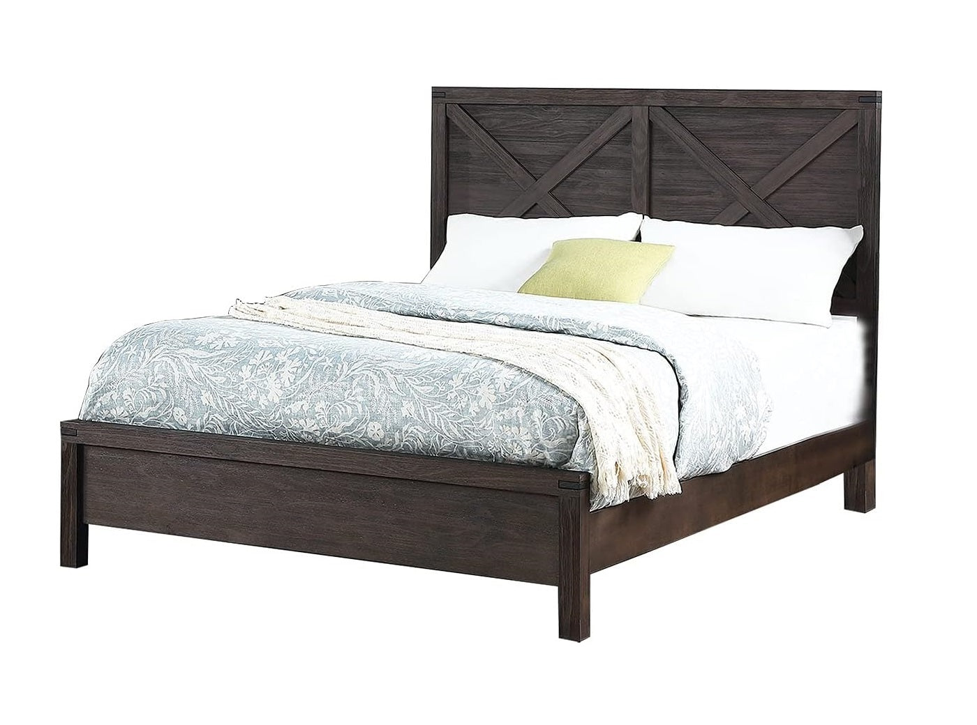 Rustic Elegance Queen Size Bed with Unique X-Design Headboard - Espresso Wooden Bedroom Furniture