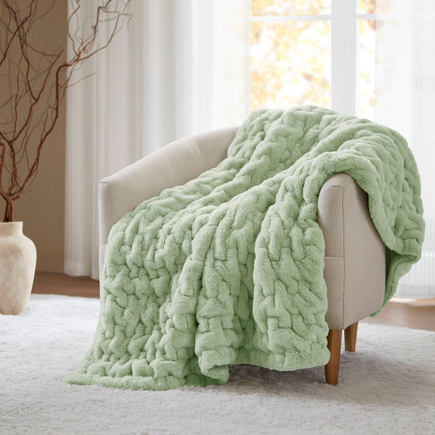 50x60 Ruched Faux Fur Throw - Reversible Faux Mink Back, 100% Polyester, Washable, Sage Green
