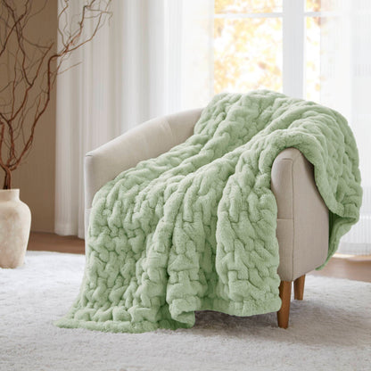 50x60 Ruched Faux Fur Throw - Reversible Faux Mink Back, 100% Polyester, Washable, Sage Green