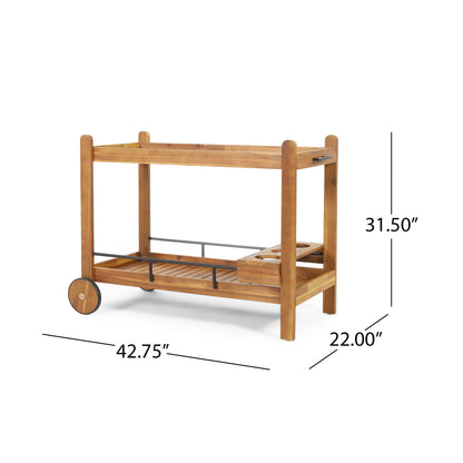 Acacia Wood Bar Cart With Slat Design And Wine Holders