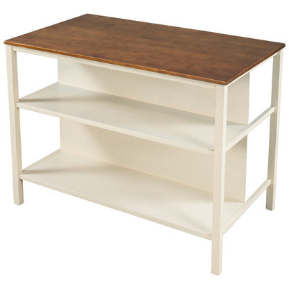 Rustic 45" Rubberwood Kitchen Island with Dual Open Shelves - Walnut & Cream White Finish