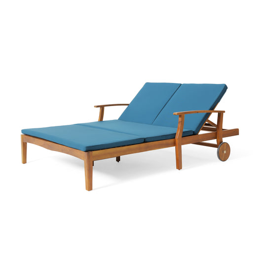 Outdoor Adjustable Double Chaise Lounge With Cushions, Acacia Wood, 79 Inch L X 55 Inch W Teak And Blue