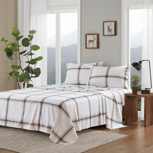 3-Piece Twin Flannel Sheet Set, 100% Cotton, Brushed Sides, Fitted 39x75+12, Flat 66x96, Tan Plaid