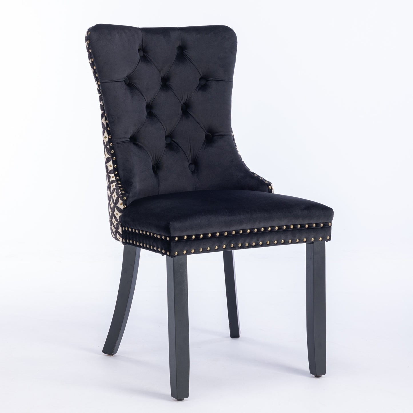 Velvet Dining Chairs Set of 2, Tufted High-Back, Solid Wood Frame, Nailhead Trim, Black & Patterned