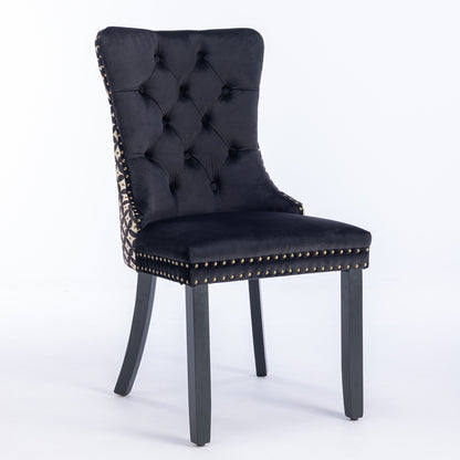 Velvet Dining Chairs Set of 2, Tufted High-Back, Solid Wood Frame, Nailhead Trim, Black & Patterned