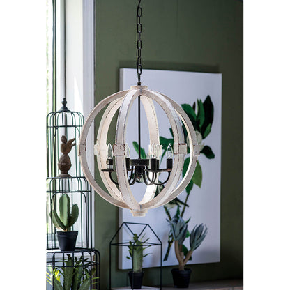 6-Light Pine Wood Chandelier with Adjustable Chain, Iron Accents for Kitchen and Dining Rooms White