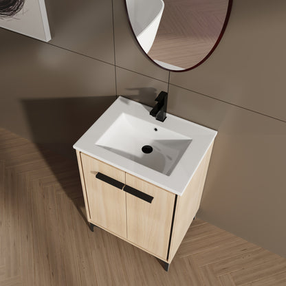 24-Inch Oak Bathroom Vanity with Ceramic Basin and Storage Cabinet