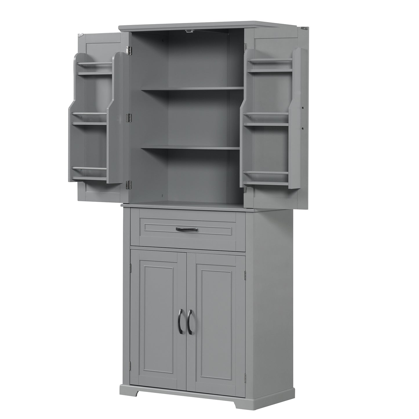 Tall Grey MDF Bathroom Storage Cabinet with Adjustable Shelf and Multiple Storage Solutions